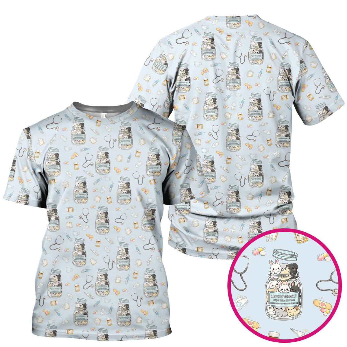 Whimsical Antidepressant Rabbit Jar Nurse Scrub Top