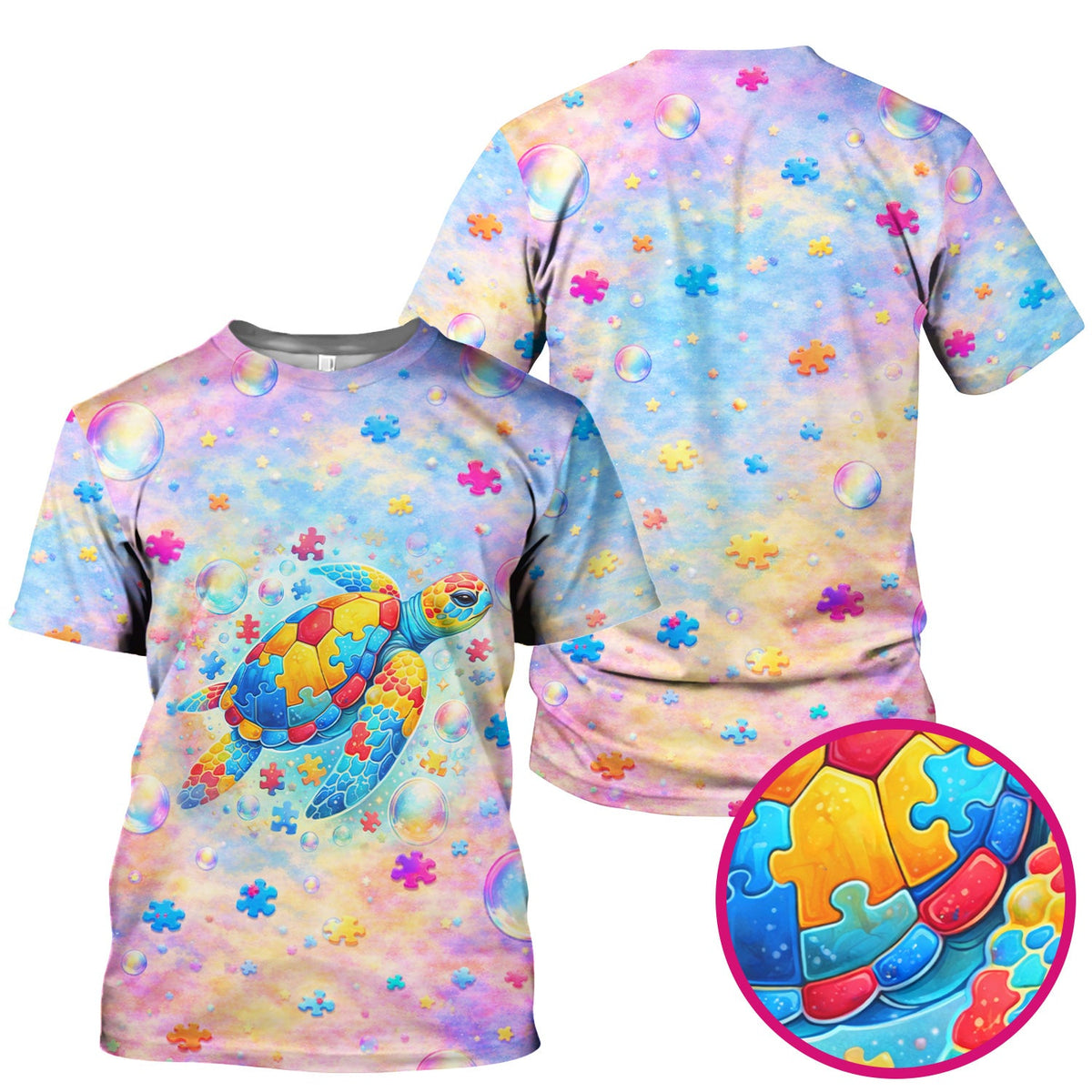 Autism Puzzle Sea Turtle Pastel Rainbow Print Scrub Top, Comfortable Scrubs for Nurses