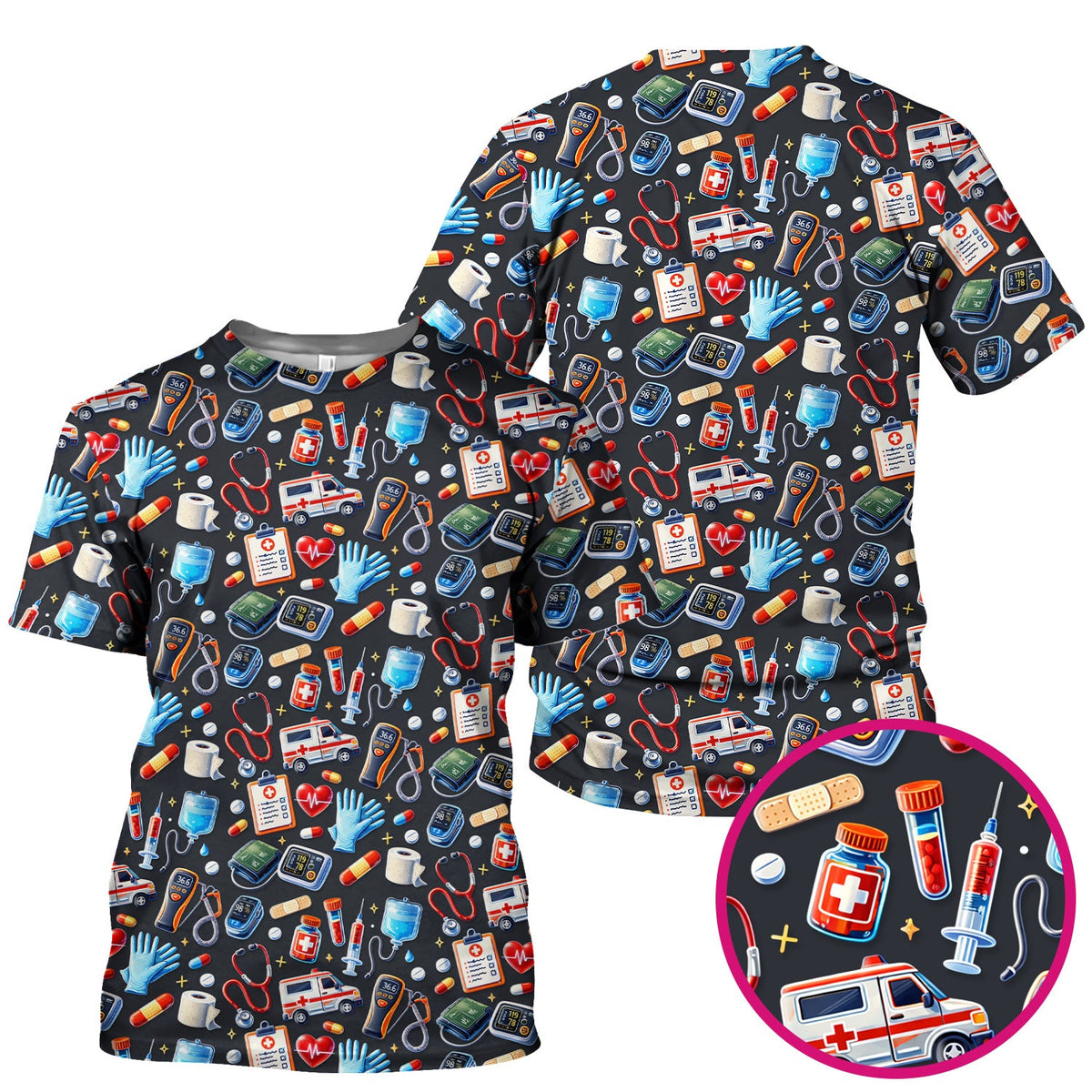 Medical Tools Pattern Ambulance Stethoscope Scrub Top, Comfortable Scrubs for Nurses