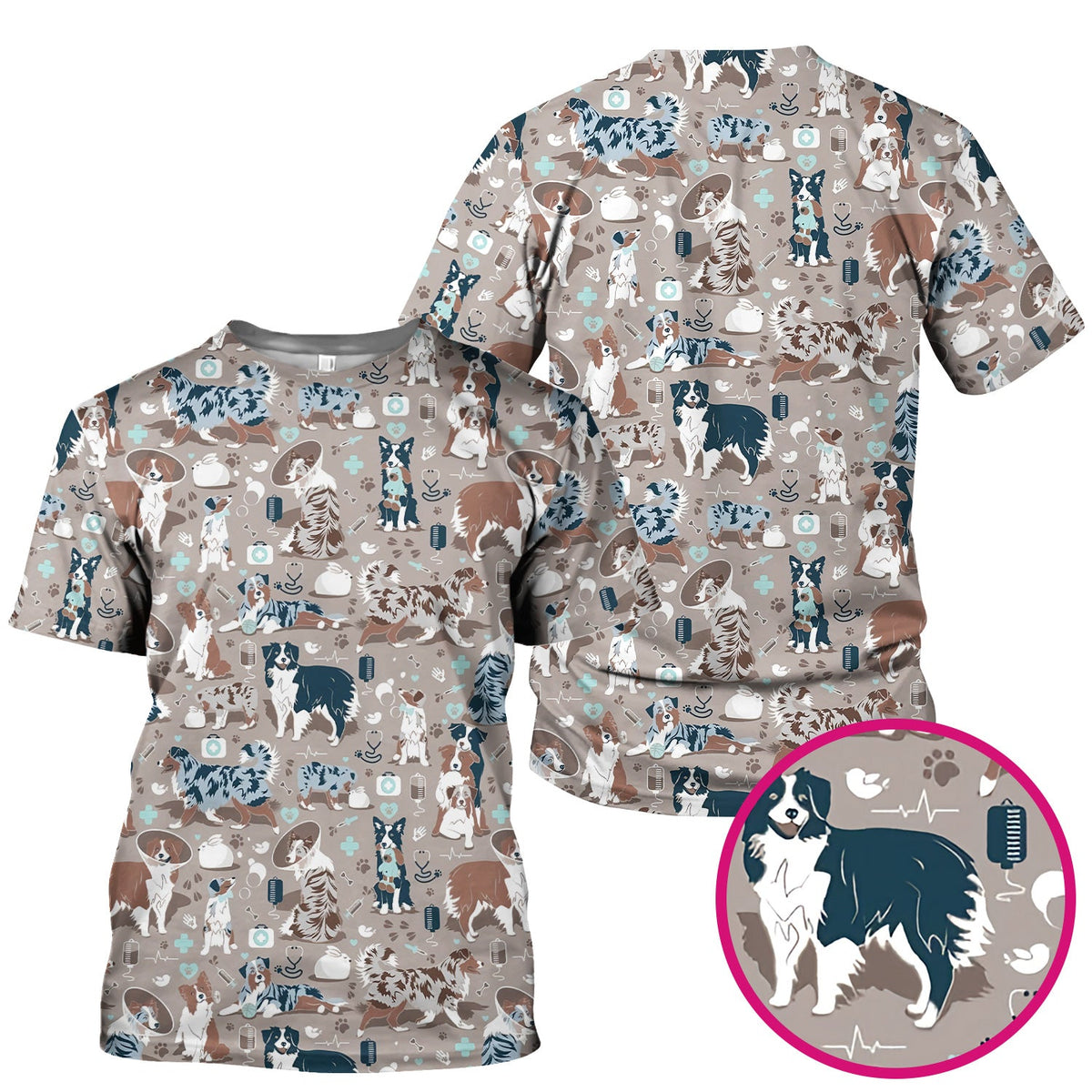 Cute Dog Pattern Veterinary Scrub Top, Breathable Fabrics Nursing Uniform