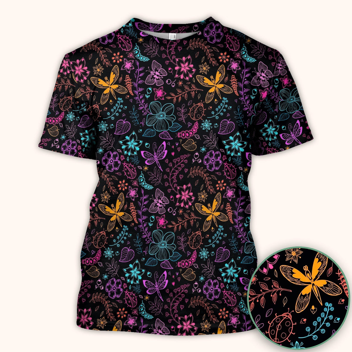 Neon Butterfly and Floral Garden Pattern Scrub Top, Comfortable Scrubs for Nurses
