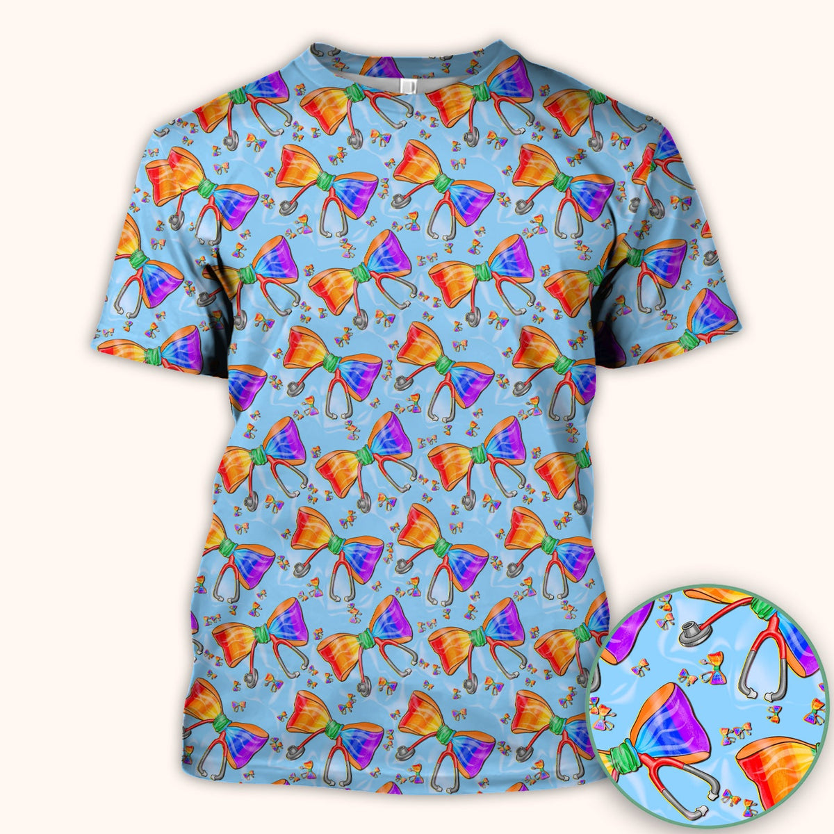 Colorful Rainbow Bow Stethoscope Nurse Scrub Top