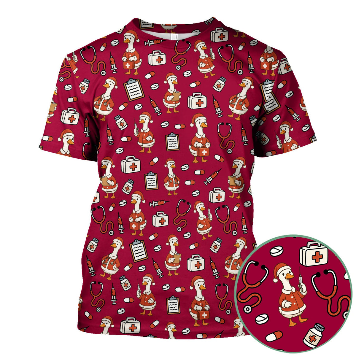 Santa Duck Nurse Scrubs - Christmas Print Medical Shirt for Women Men - Funny Holiday Scrub Top for RN CNA Doctor, Cute Xmas Gift