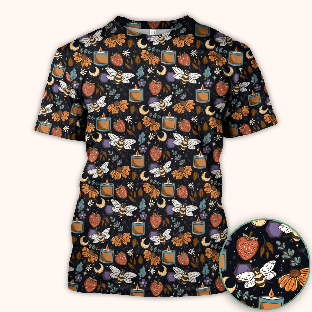 Bee Strawberry Floral Candle Nurse Scrub Top