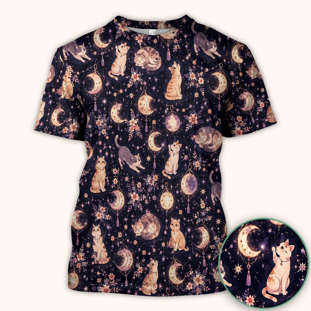 Celestial Cat Pattern Scrub Top, Comfortable Scrubs for Nurses