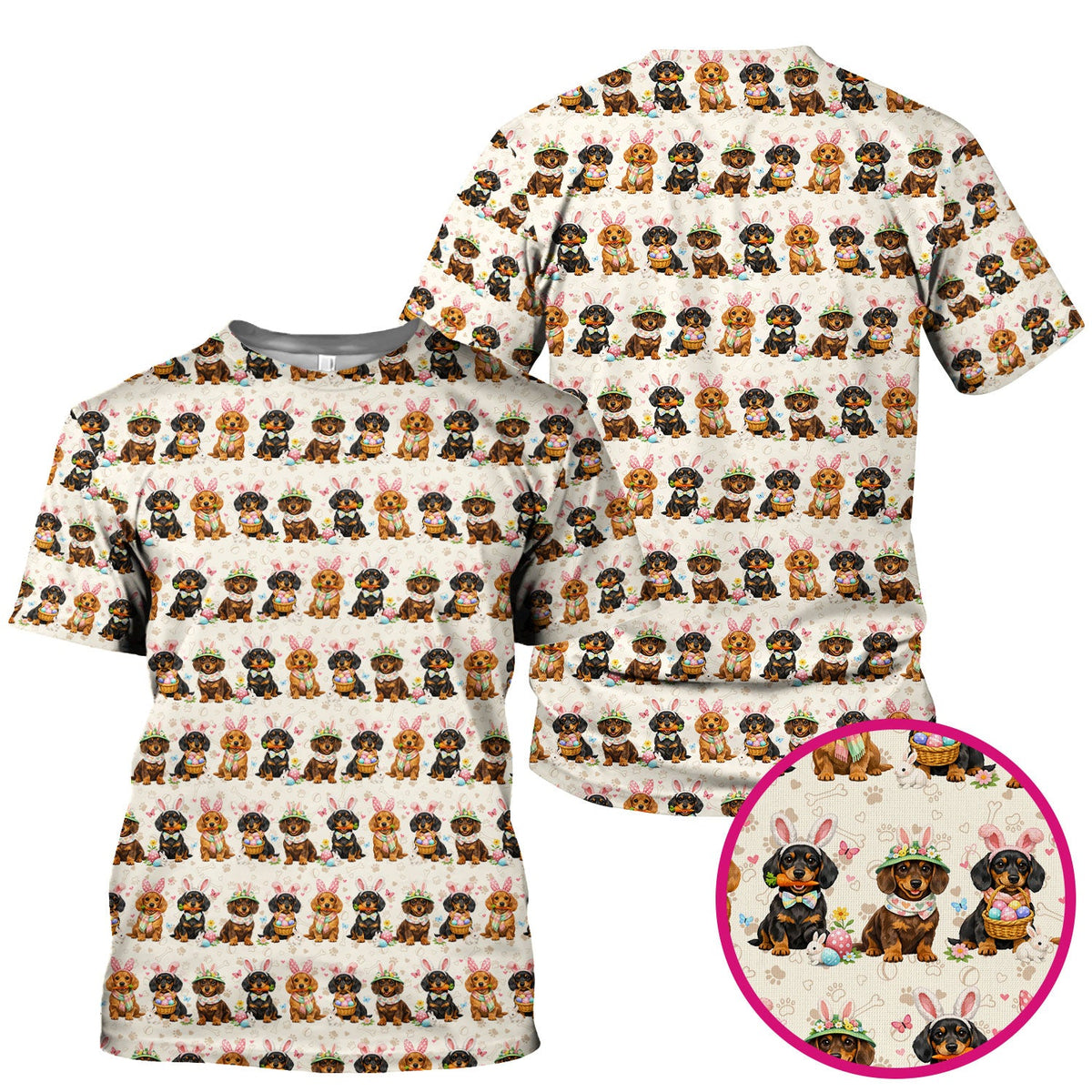 Cute Easter Dachshund Dog Bunny Print Scrub Top, Breathable Fabrics Nursing Uniform