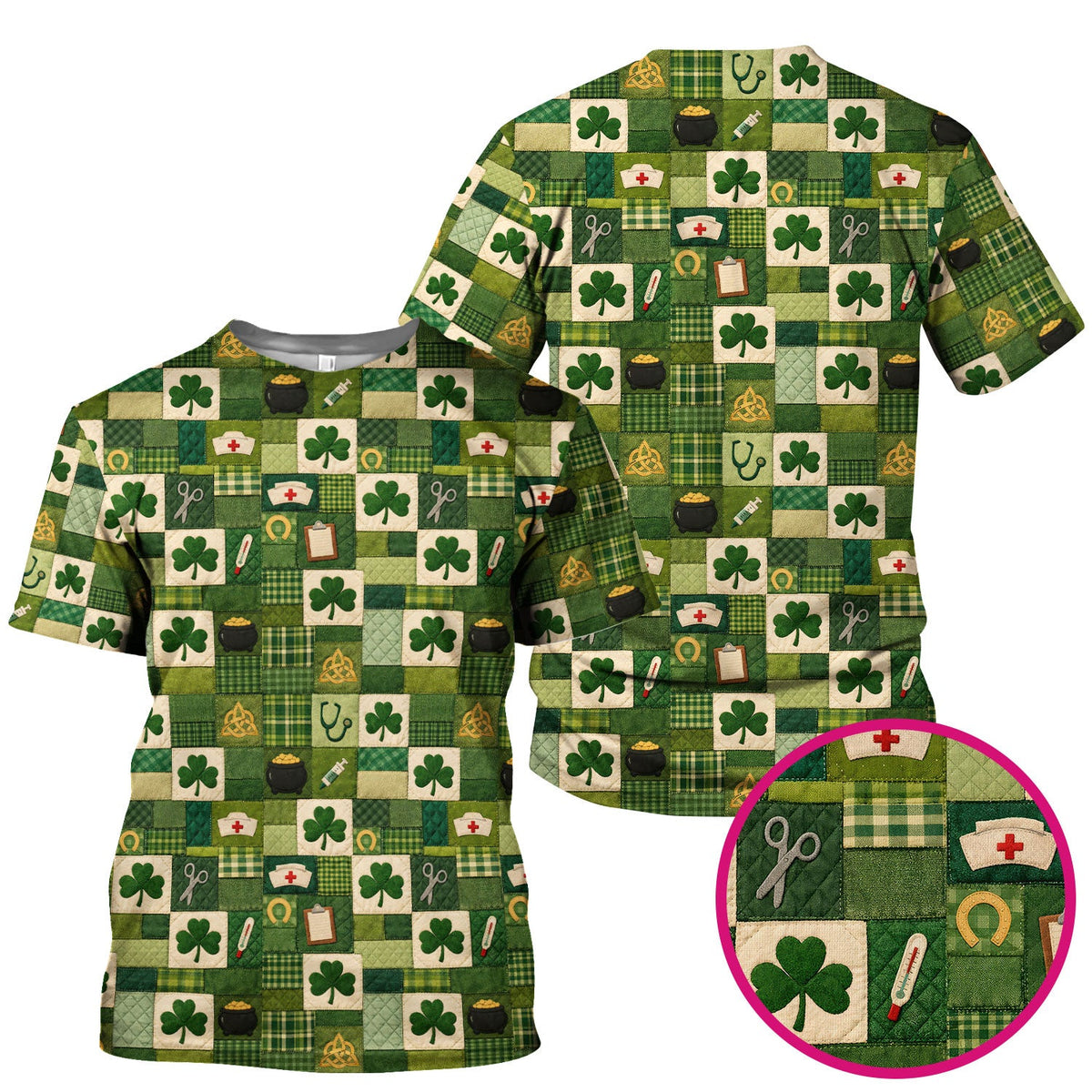St Patrick Patchwork Shamrock Nurse Scrub Top