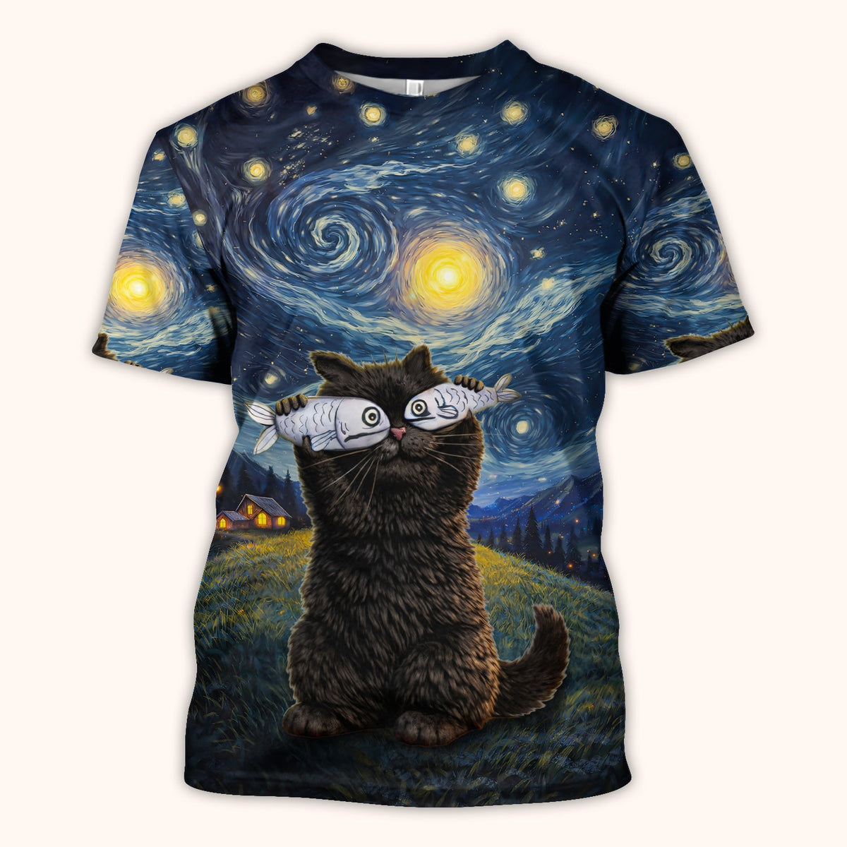 Starry Night Cat Art Print V Neck Nursing Scrub Top, for Cat Lover Nurses