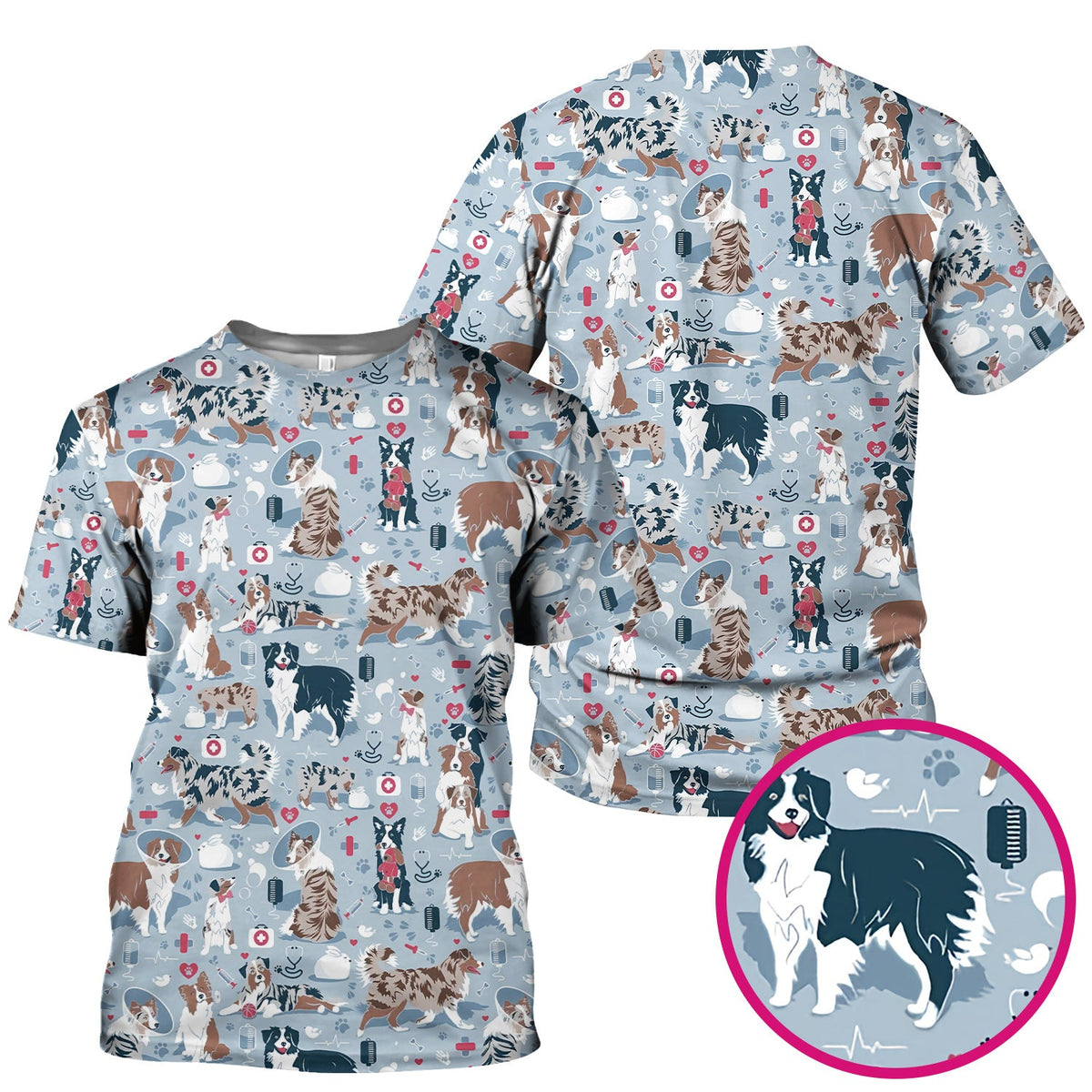 Cute Dog Pattern Veterinary Scrub Top, Breathable Fabrics Nursing Uniform