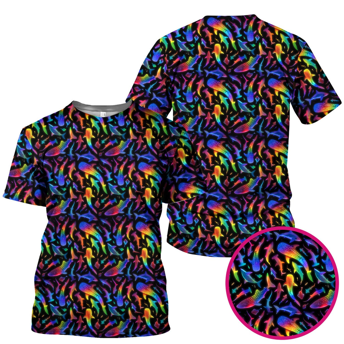 Vibrant Rainbow Shark Pattern Scrub Top, Comfortable Scrubs For Nurses