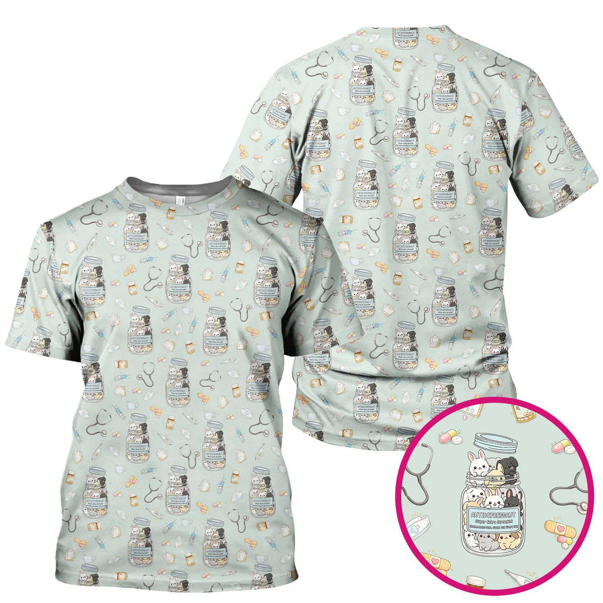 Whimsical Antidepressant Rabbit Jar Nurse Scrub Top
