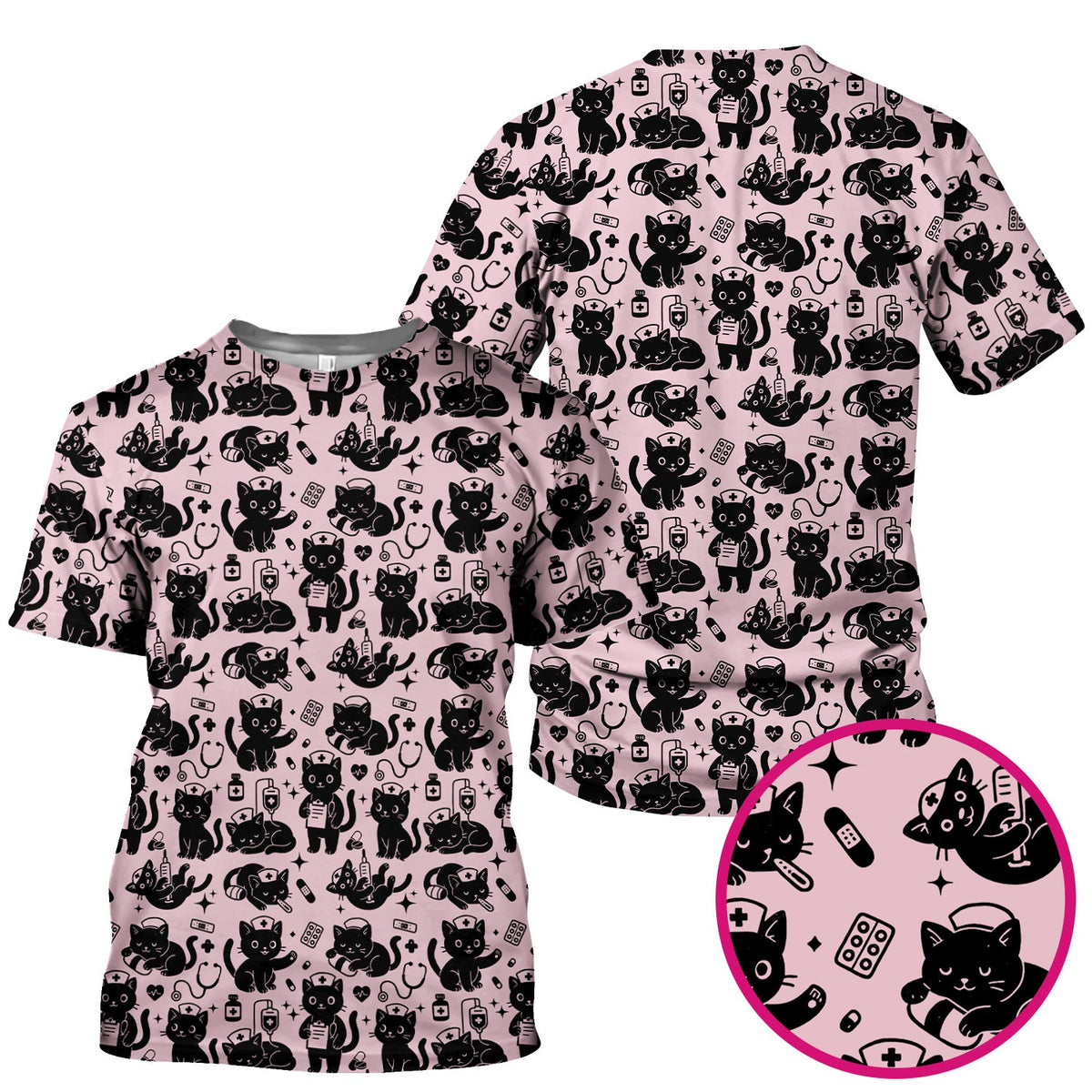 Cute Black Cat Nurse Pattern Scrub Top, Breathable Fabrics Nursing Uniform