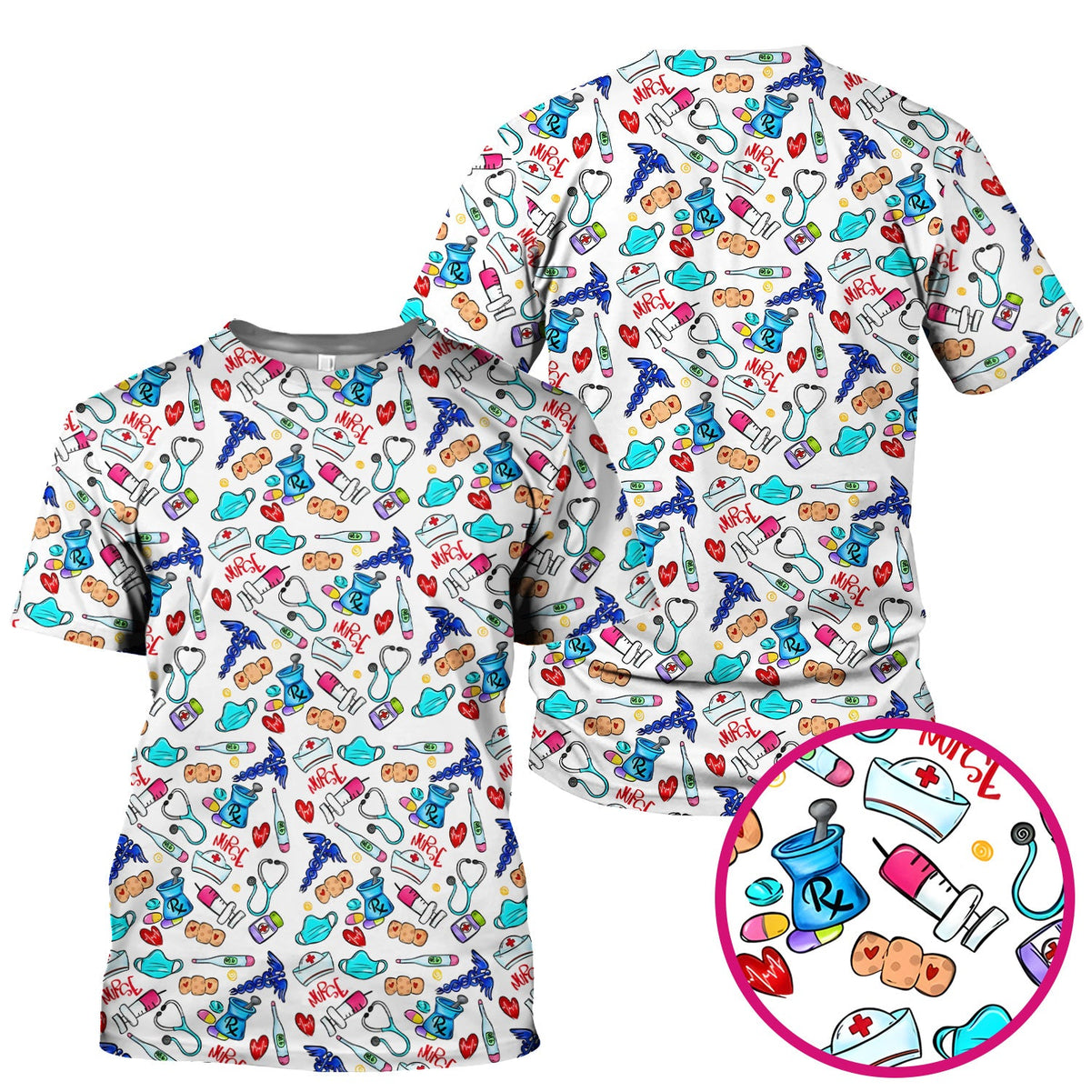 Nurse Medical Icons Stethoscope Heart Pattern Scrub Top, Comfortable Scrubs for Nurses