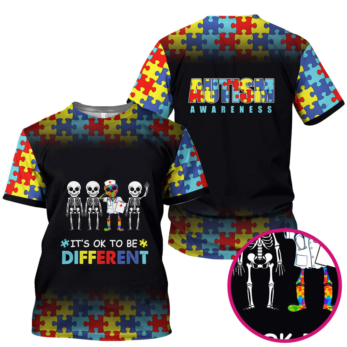 Autism Puzzle Skeleton It's OK To Be Different Nurse Scrub Top