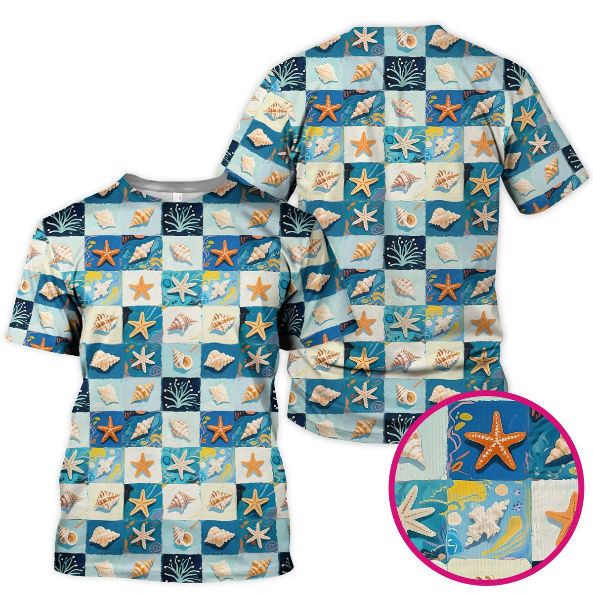 Seashell Starfish Ocean Tile Nurse Scrub Top