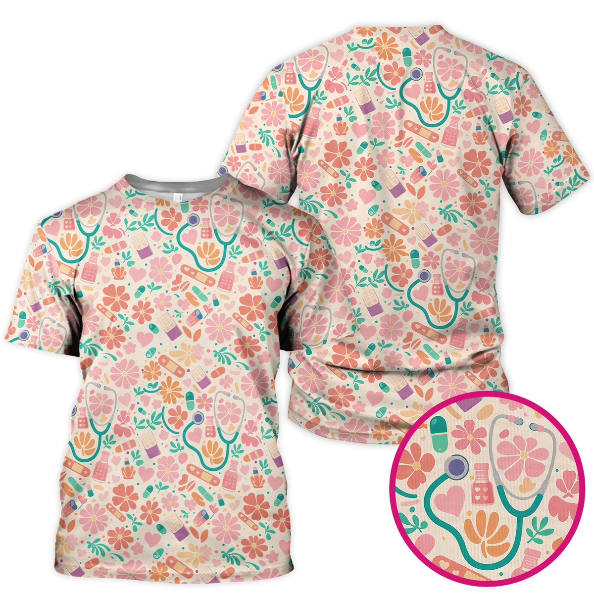 Medical Floral Nurse Scrub Top
