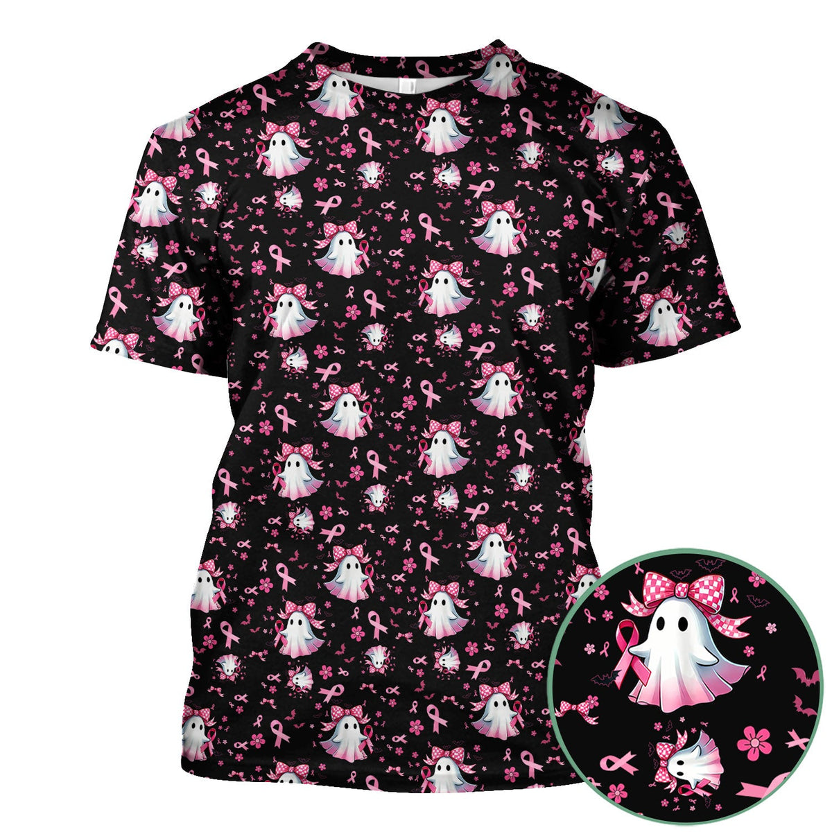 Spooky Ghost Pink Ribbon Nurse Scrub Top - Breast Cancer Gift
