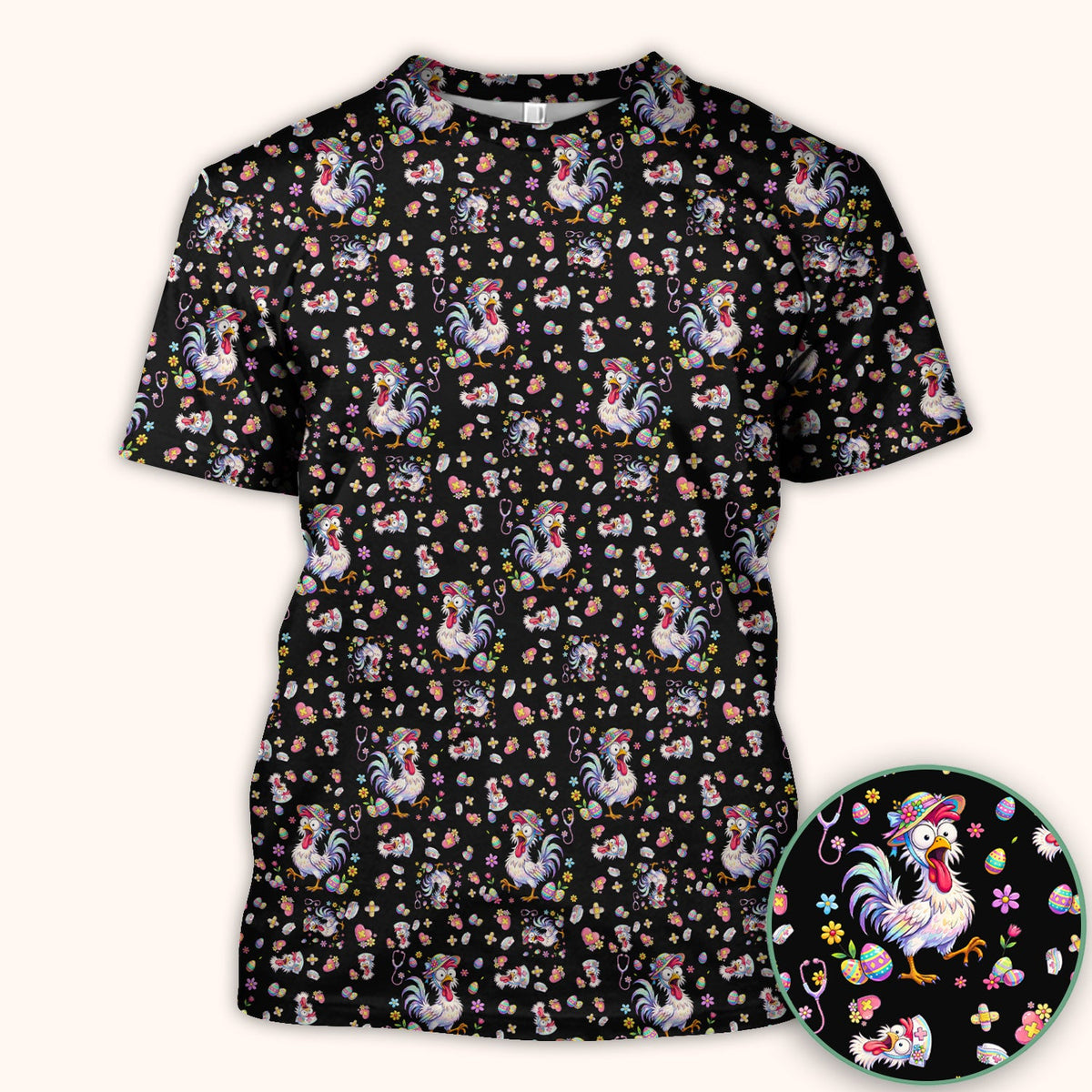 Funny Easter Nurse Chicken Pattern Scrub Top, Comfortable Scrubs for Nurses