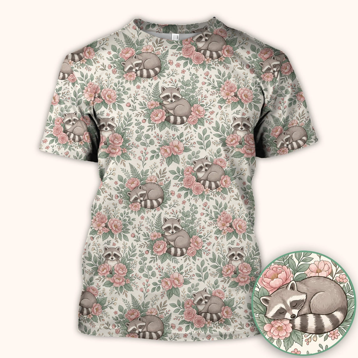 Sleeping Raccoon Rose Garden Nurse Scrub Top