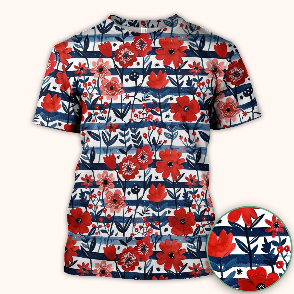 Red Poppy Navy Stripe Nurse Scrub Top