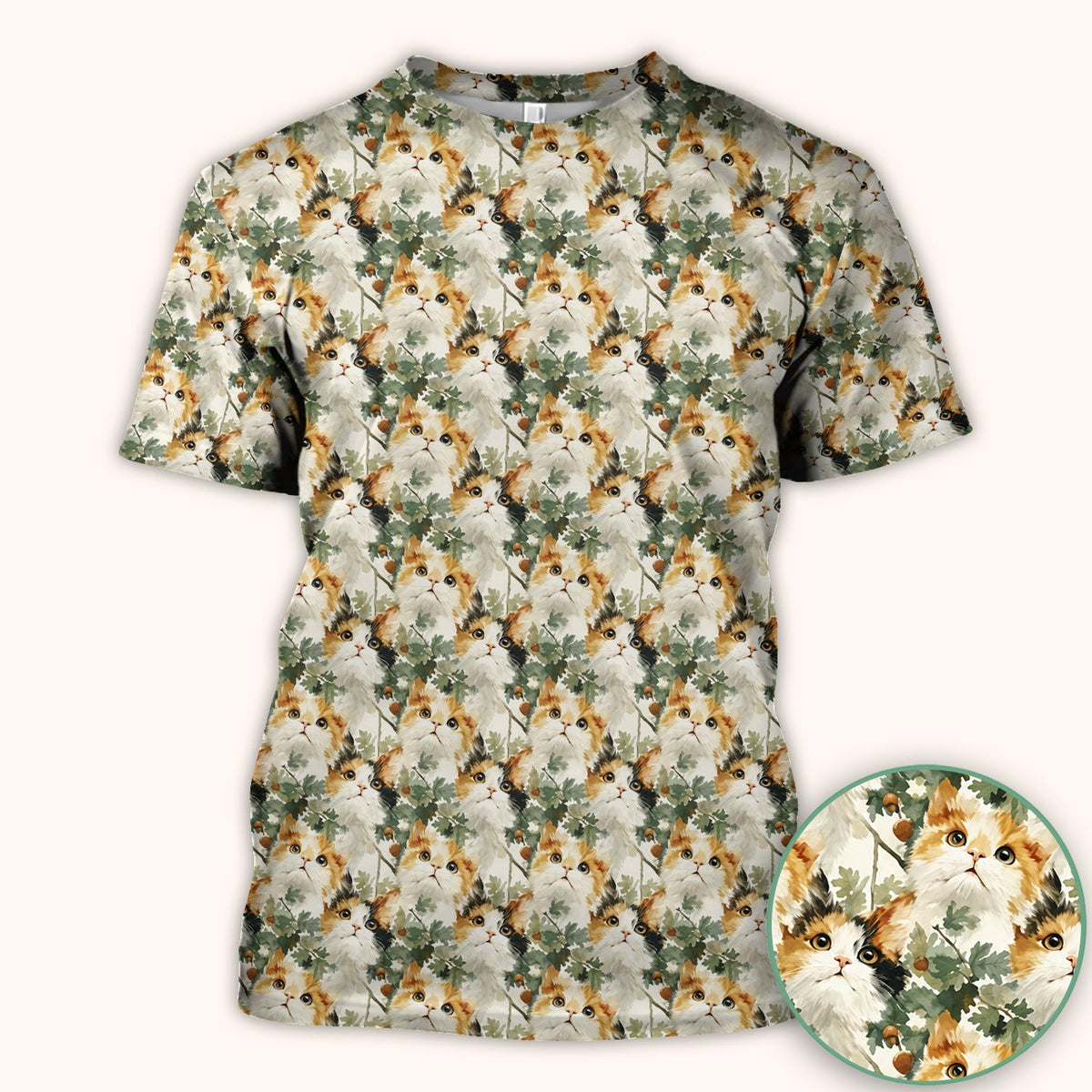 Fluffy Calico Cat Oak Leaves Nurse Scrub Top
