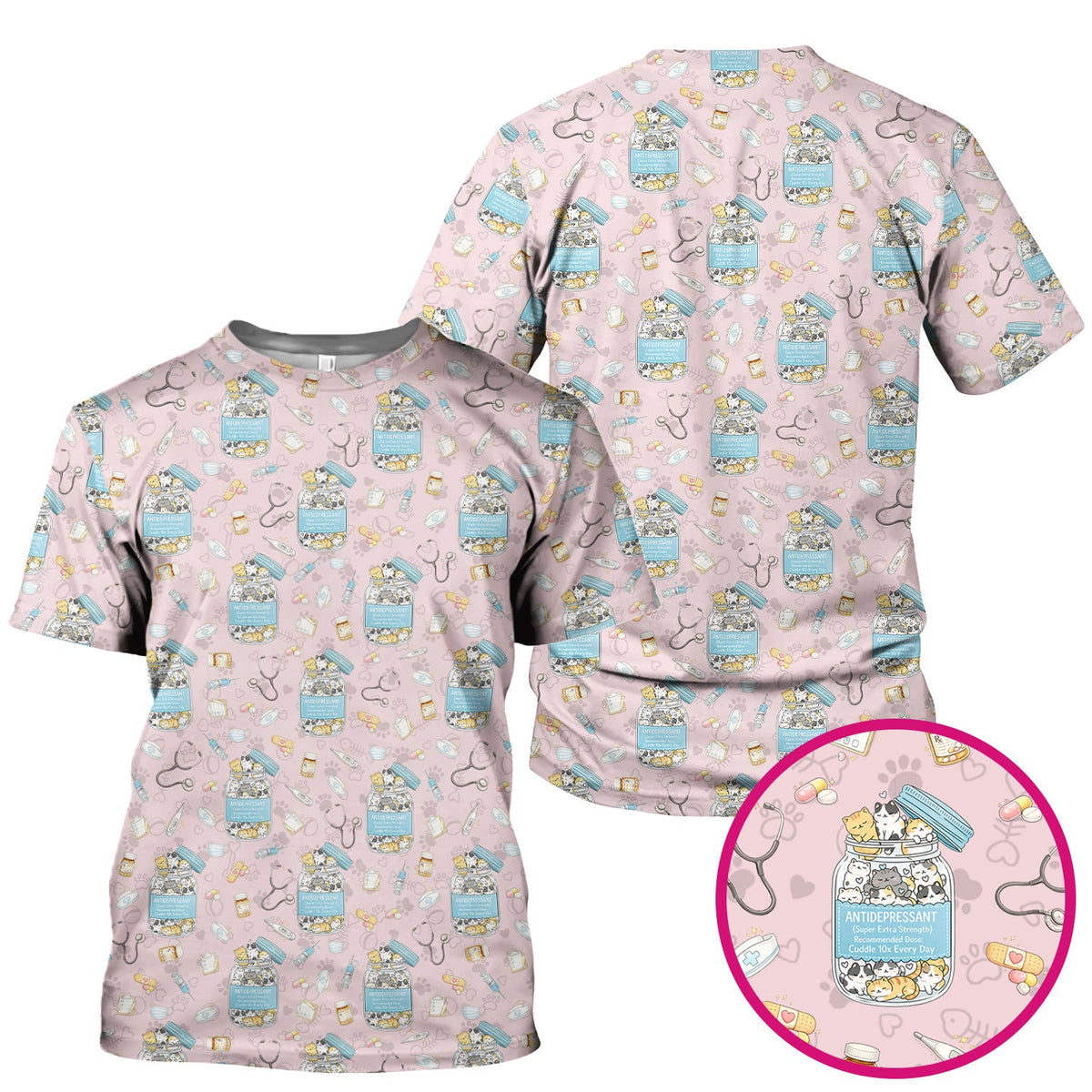 Cute Antidepressant Cat Jar Print Nurse Scrub Top, Breathable Fabrics Nursing Uniform