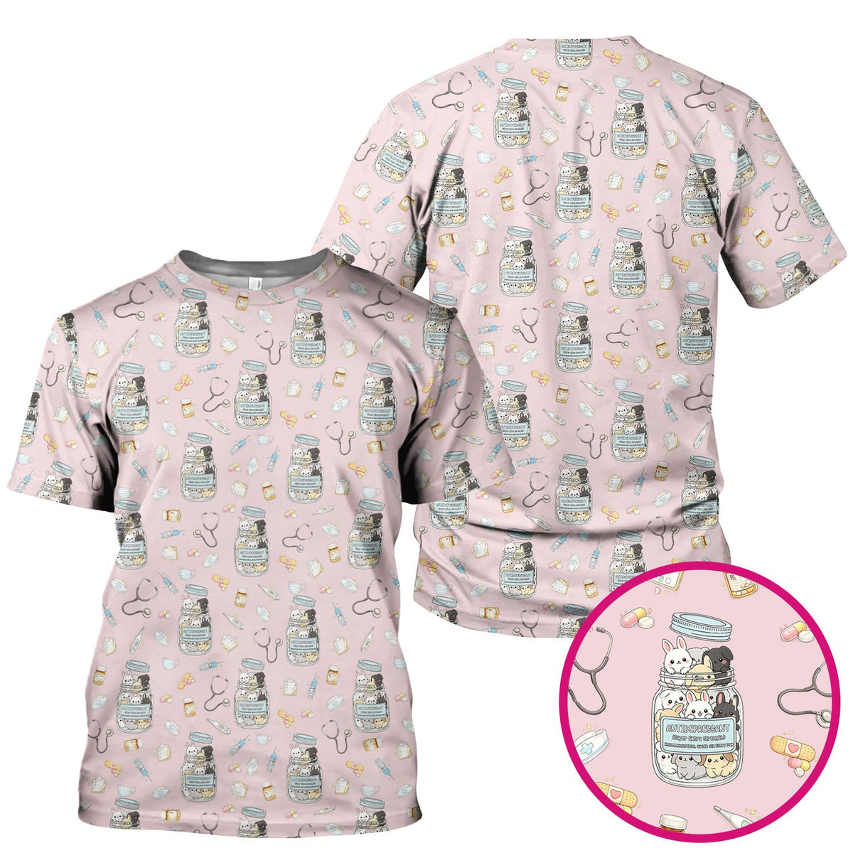 Whimsical Antidepressant Rabbit Jar Nurse Scrub Top