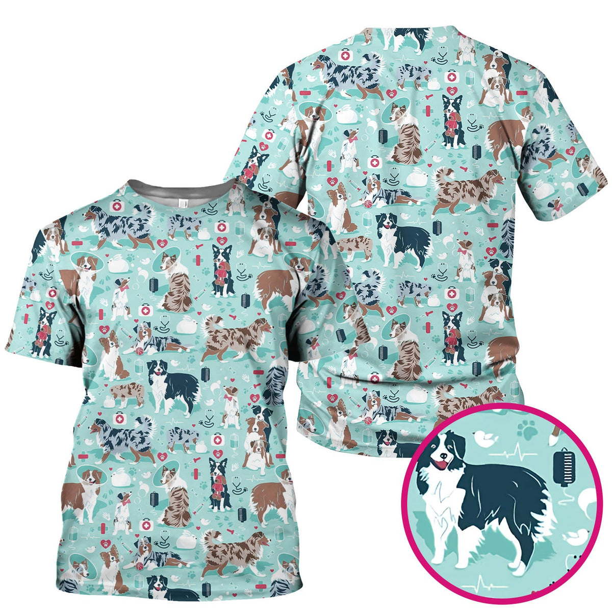 Cute Dog Pattern Veterinary Scrub Top, Breathable Fabrics Nursing Uniform