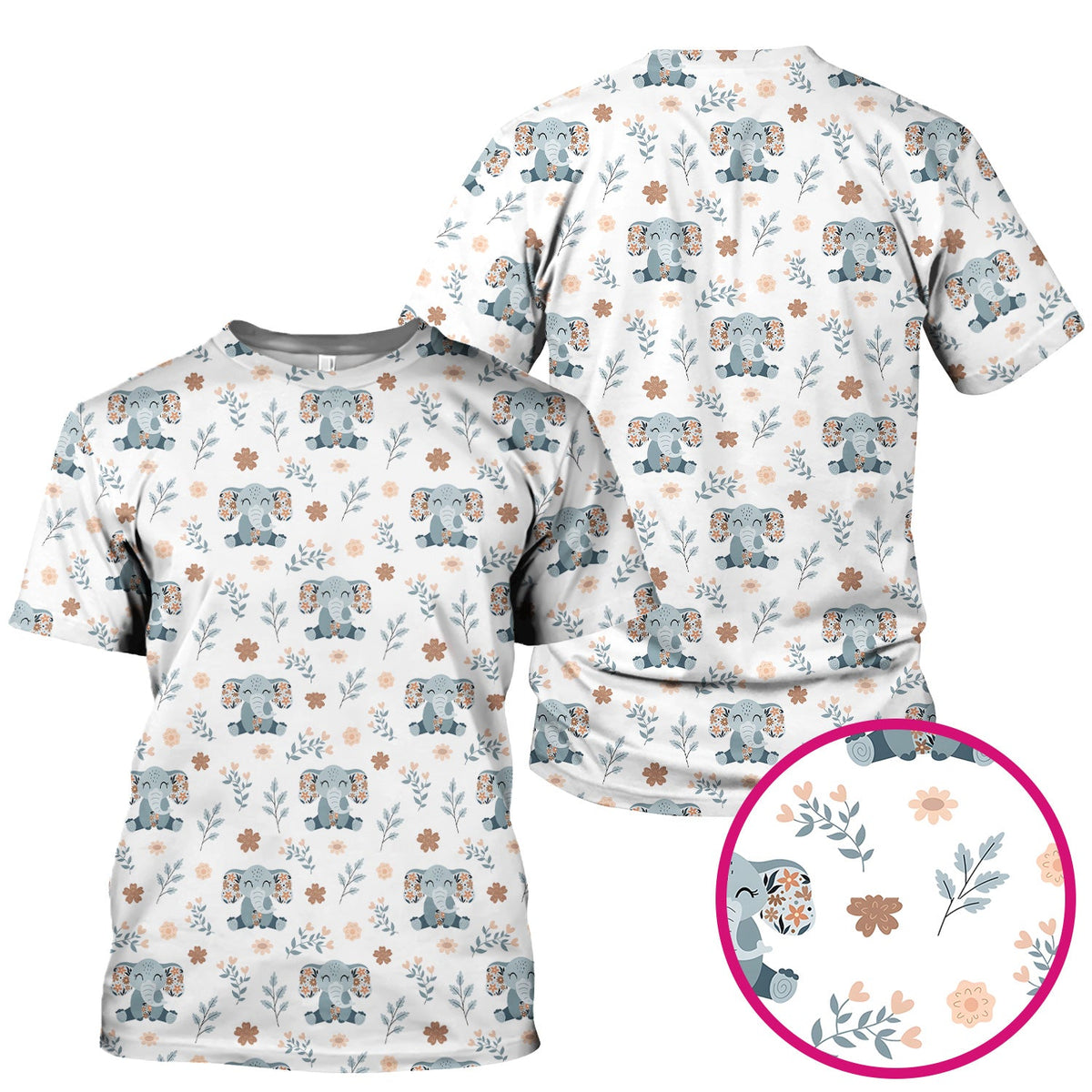 Cute Elephant Floral Print Scrub Top, Comfortable Scrubs for Nurses