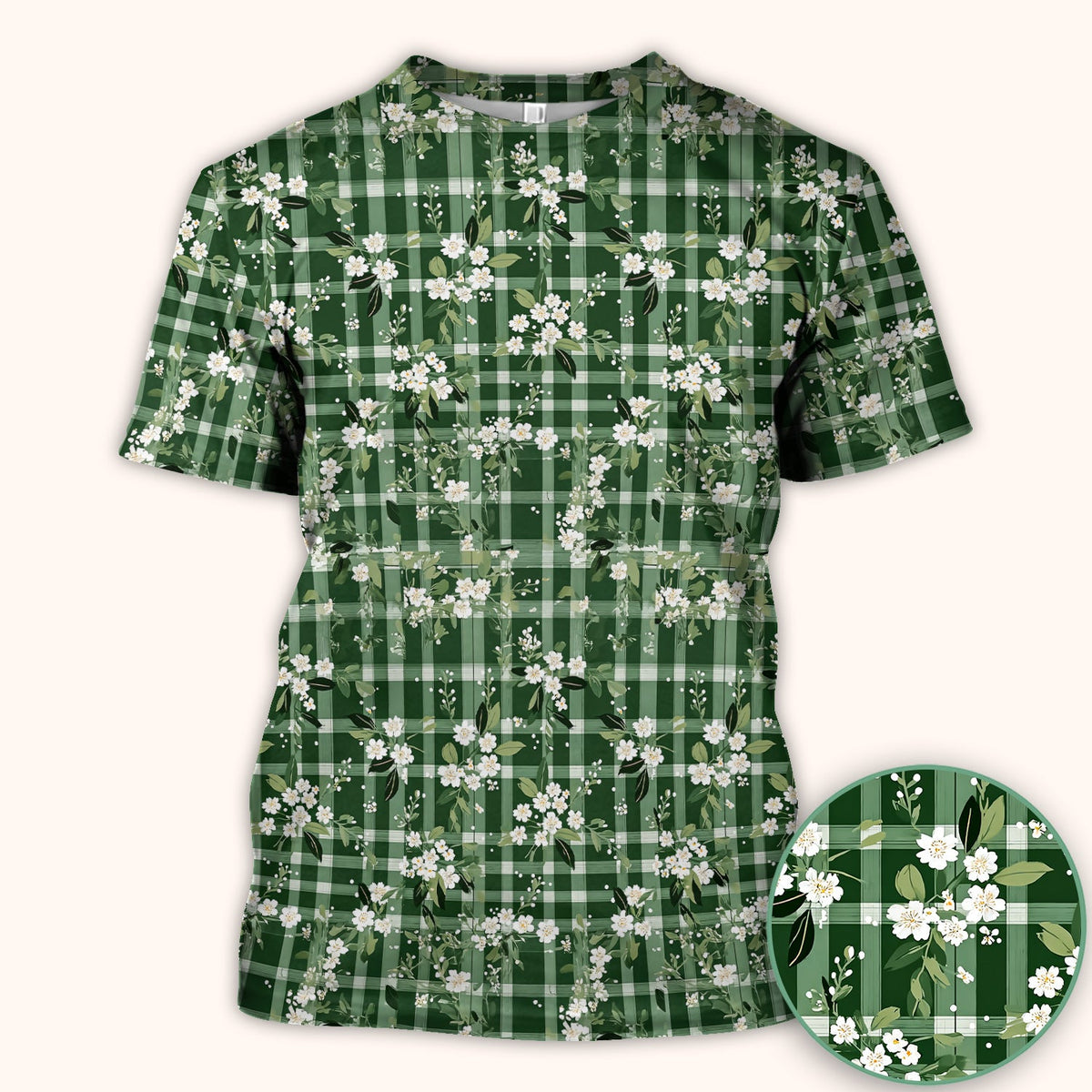 Green Gingham Floral Nurse Scrub Top