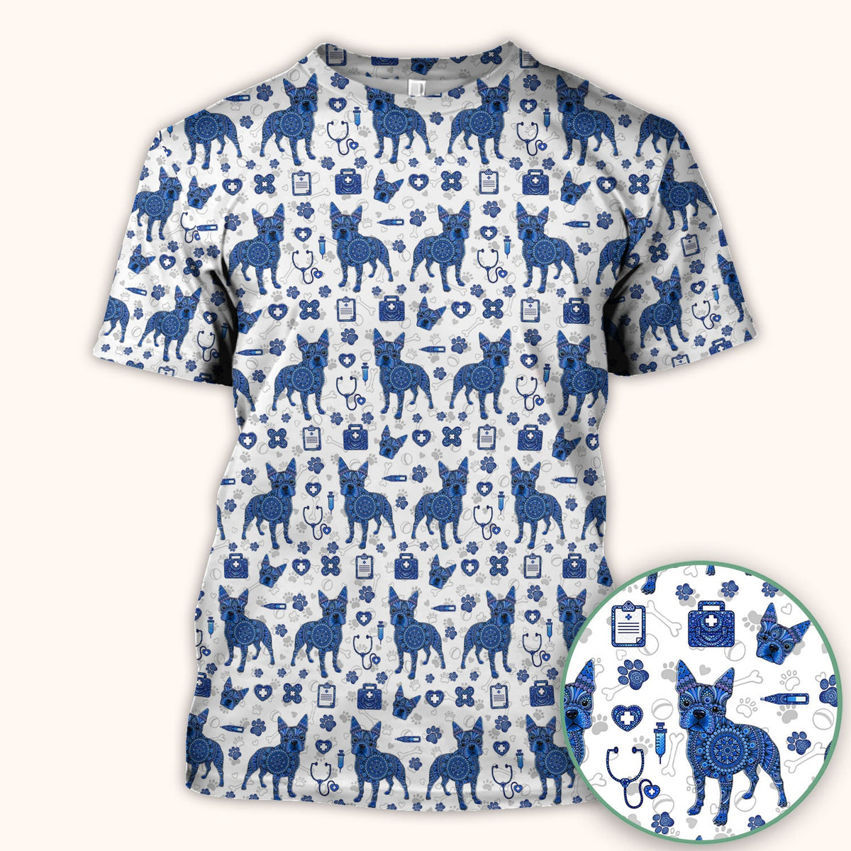 Blue Heeler Australian Cattle Dog Scrub Top, Australia Dot Art Pattern Shirt, Breathable Fabrics Nursing Uniform