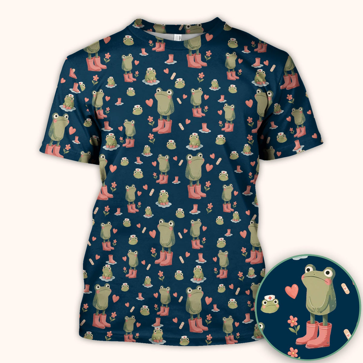 Adorable Frog Boots Heart Pattern Scrub Top, Comfortable Scrubs for Nurses