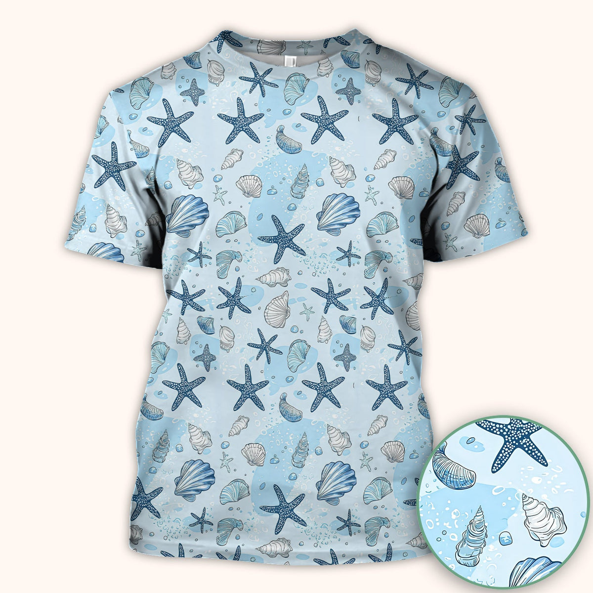 Ocean Shell And Starfish Print Scrub Top, Breathable Fabrics Nursing Uniform