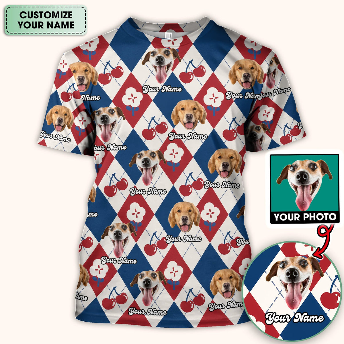Dog Face Cherry Argyle Nurse Scrub Top
