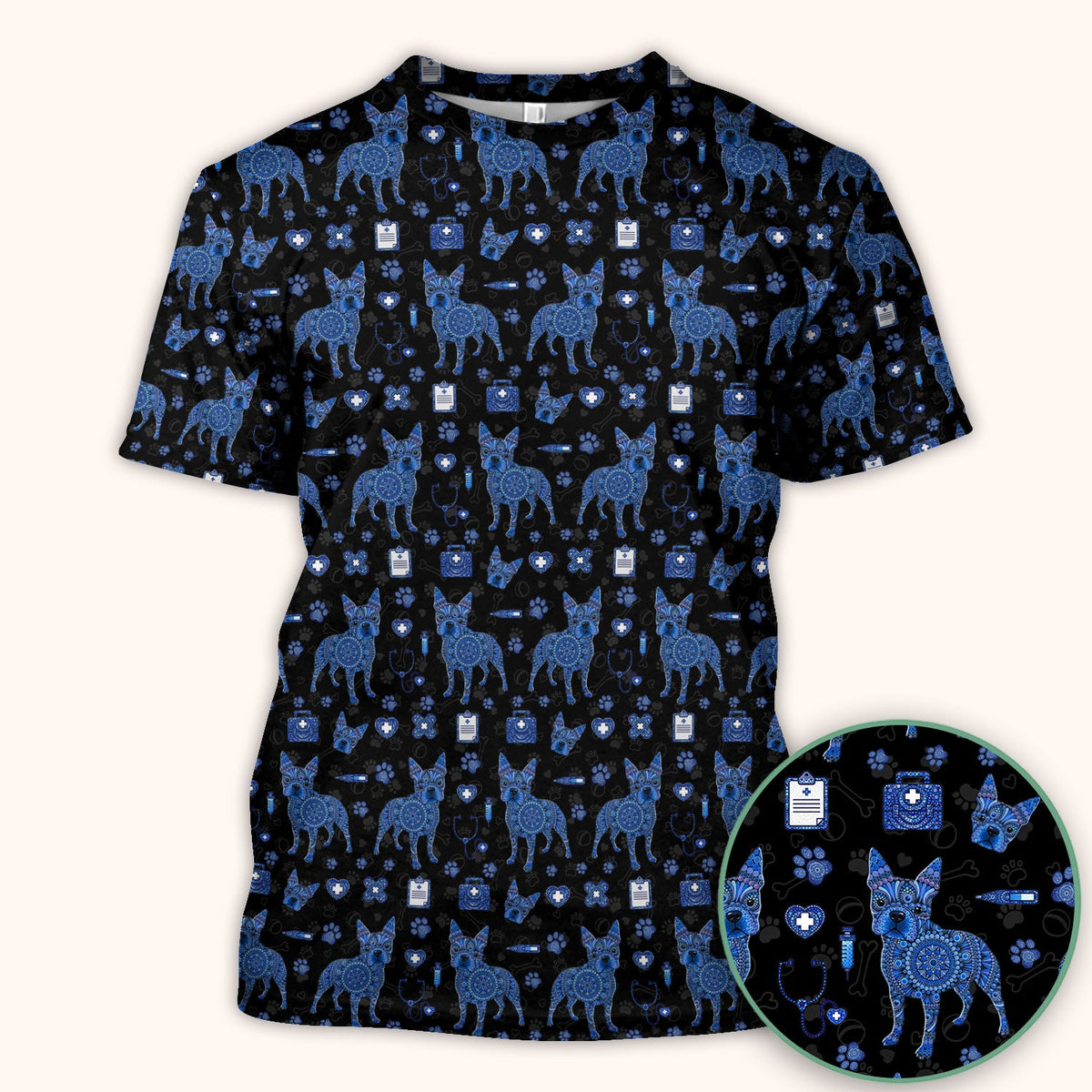 Blue Heeler Australian Cattle Dog Scrub Top, Australia Dot Art Pattern Shirt, Breathable Fabrics Nursing Uniform