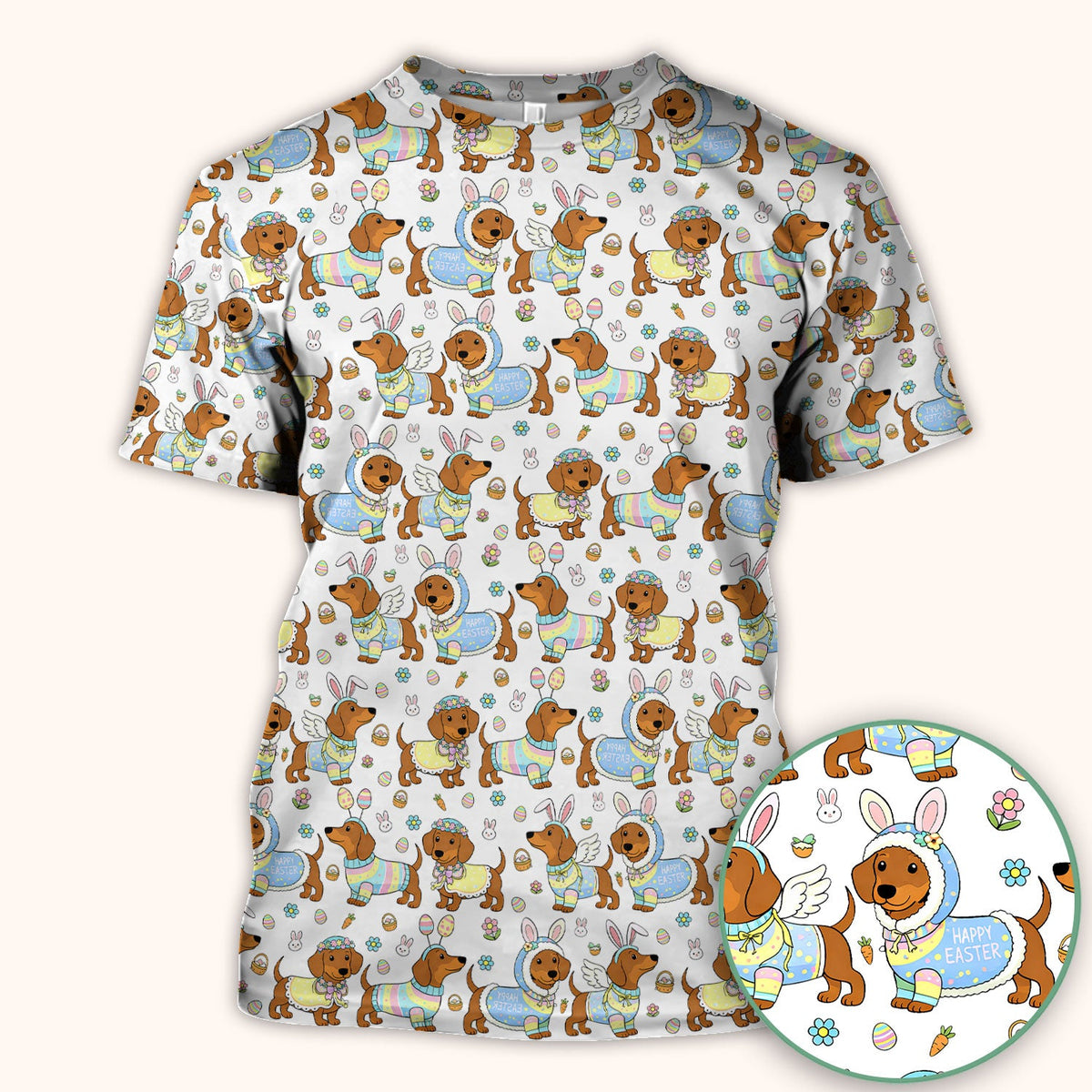 Easter Dachshund Bunny Print Scrub Top, Breathable Fabrics Nursing Uniform