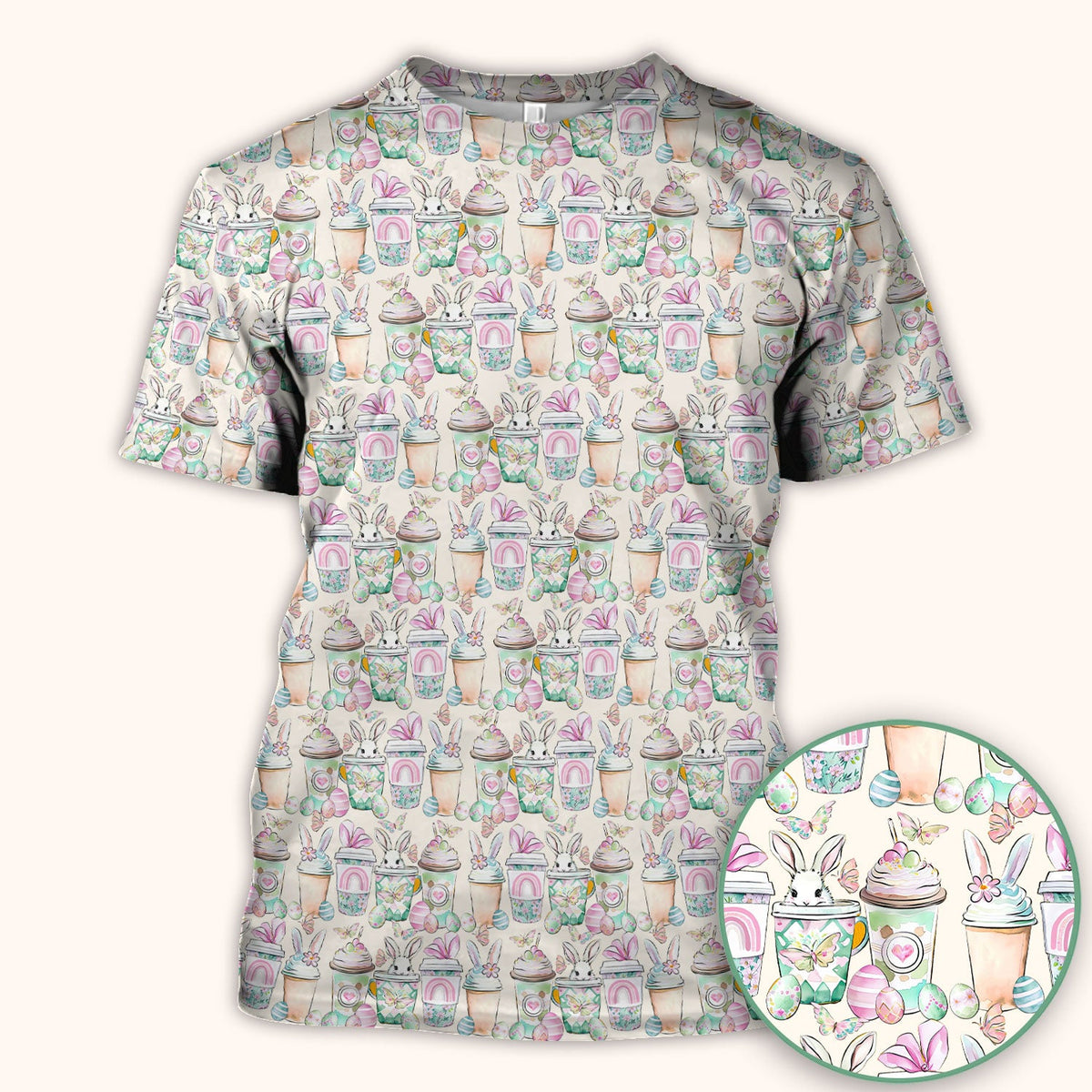 Cute Easter Bunny Coffee Cup Pattern Scrub Top, Comfortable Scrubs for Nurses
