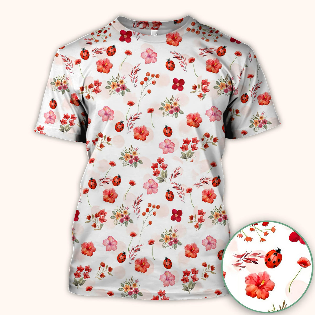 Red Ladybug Floral Garden Nurse Scrub Top