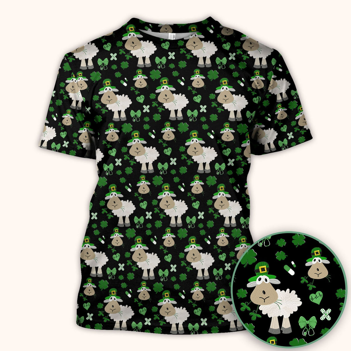Nurse St. Patrick's Day Scrubs Top, Cute Sheep Shamrock Pattern Nurse Shirt, Breathable Fabrics Nursing Uniform
