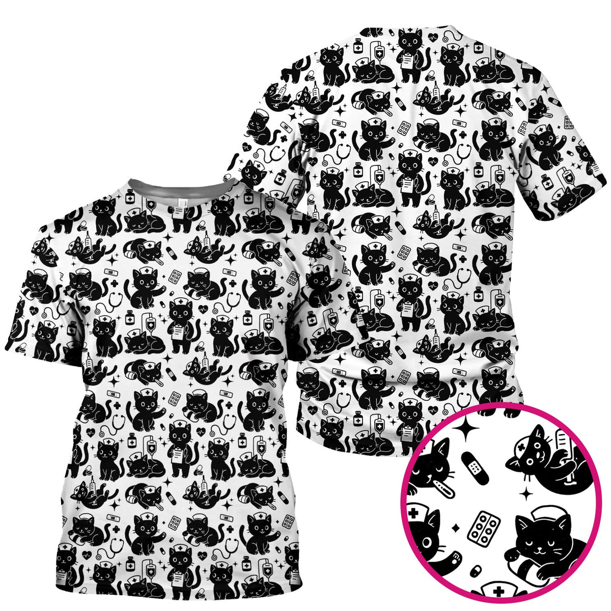 Cute Black Cat Nurse Pattern Scrub Top, Breathable Fabrics Nursing Uniform