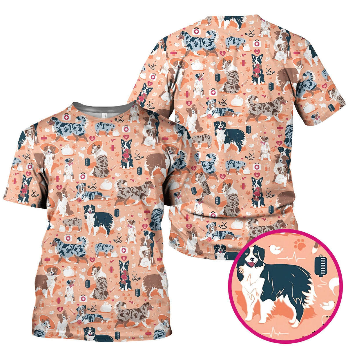 Cute Dog Pattern Veterinary Scrub Top, Breathable Fabrics Nursing Uniform