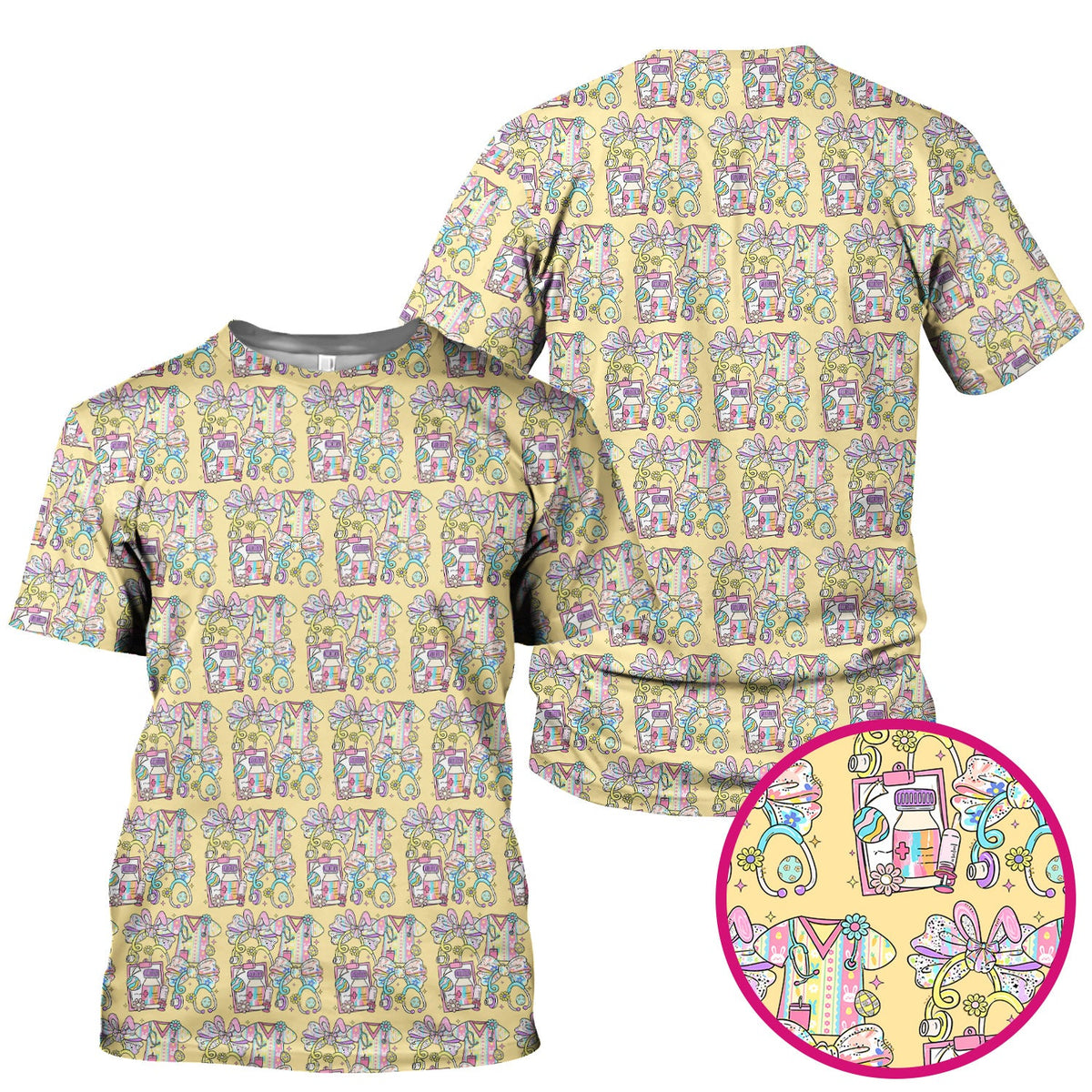Colorful Nurse Scrub Supplies Pattern Scrub Top, Breathable Fabrics Nursing Uniform