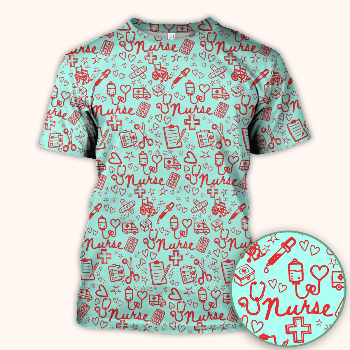 Cute Nurse Heart Medical Pattern Scrub Top, Comfortable Scrubs for Nurses