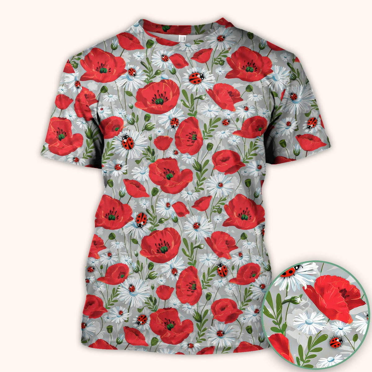 Red Poppy Daisy Ladybug Nurse Scrub Top