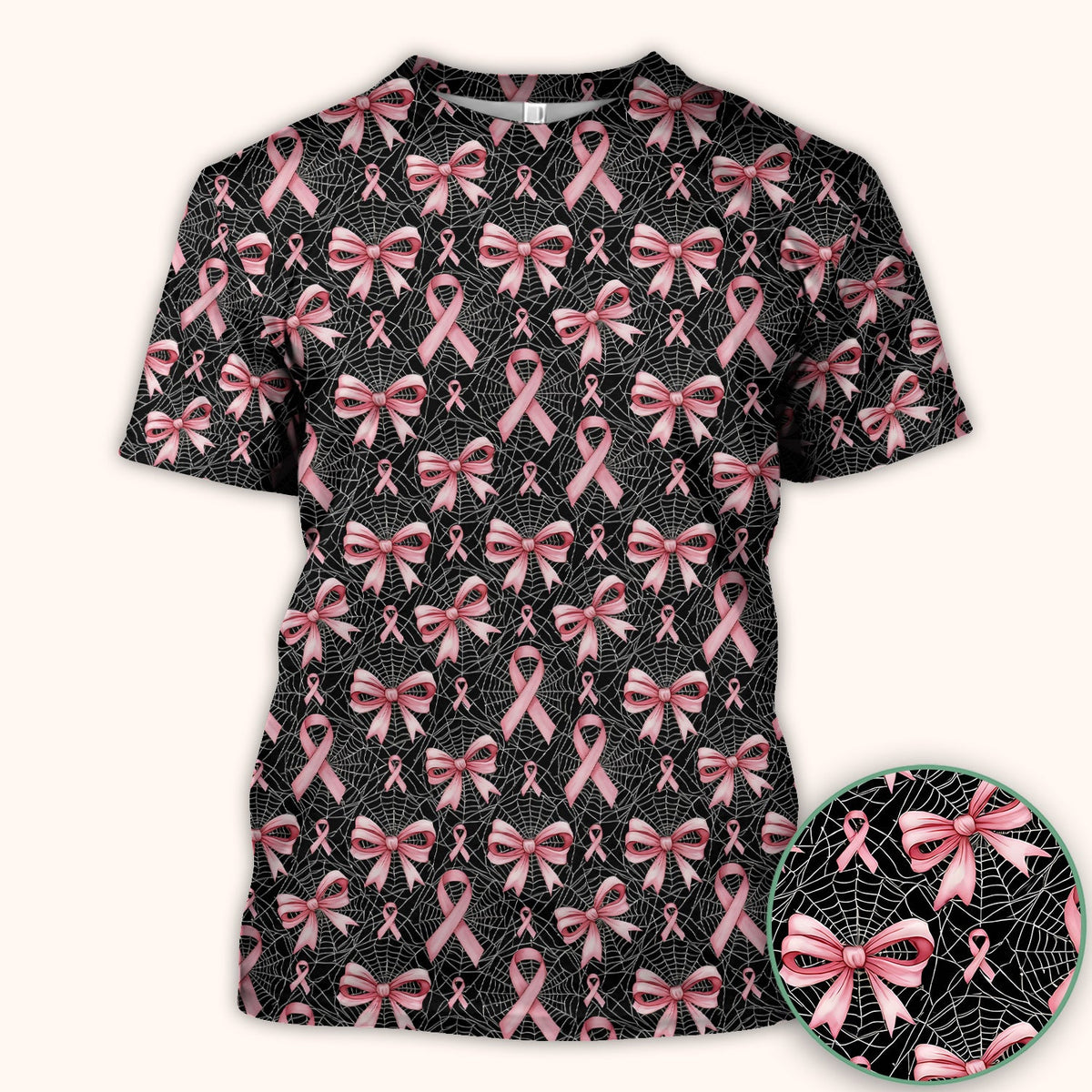 Pink Ribbon Pattern Nurse Scrub Top