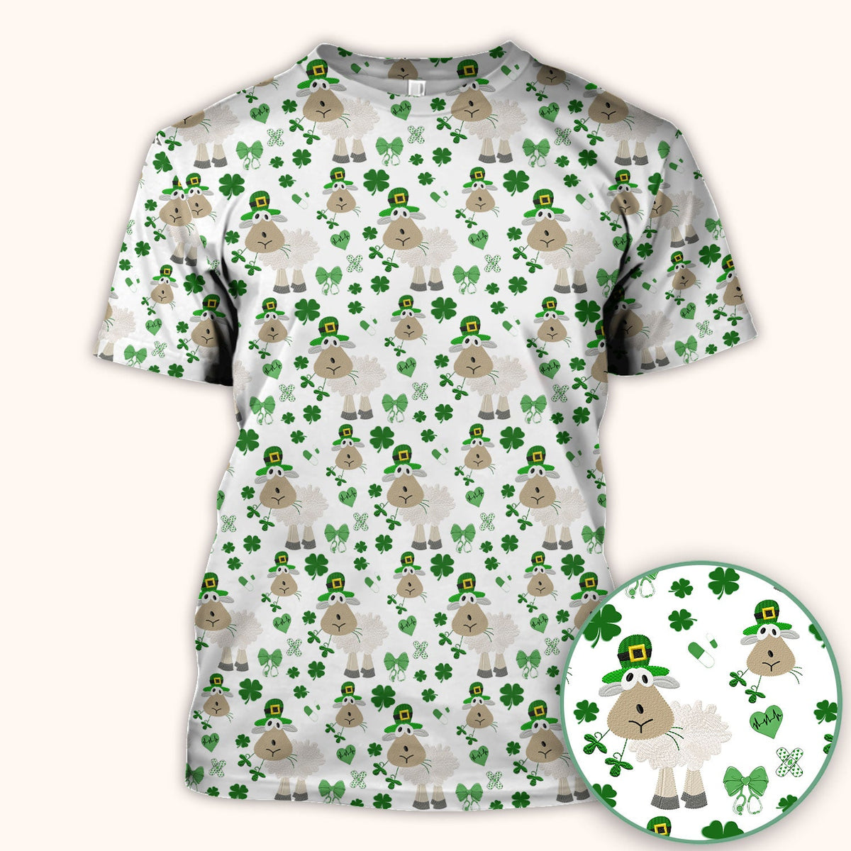 Nurse St. Patrick's Day Scrubs Top, Cute Sheep Shamrock Pattern Nurse Shirt, Breathable Fabrics Nursing Uniform