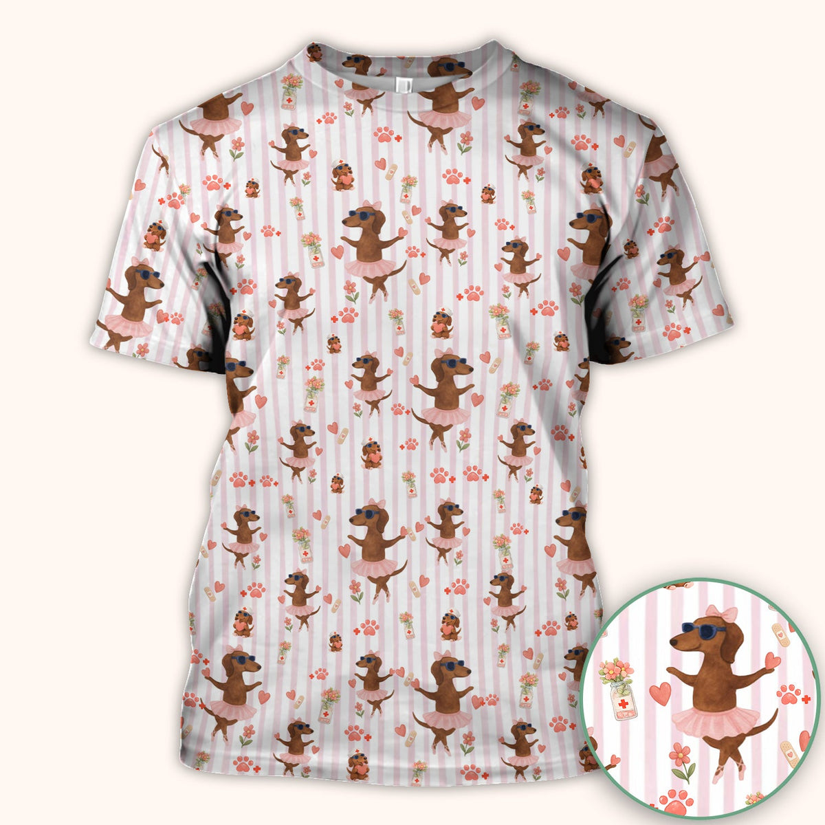 Dachshund Ballet Tutu Hearts Nurse Scrub Top