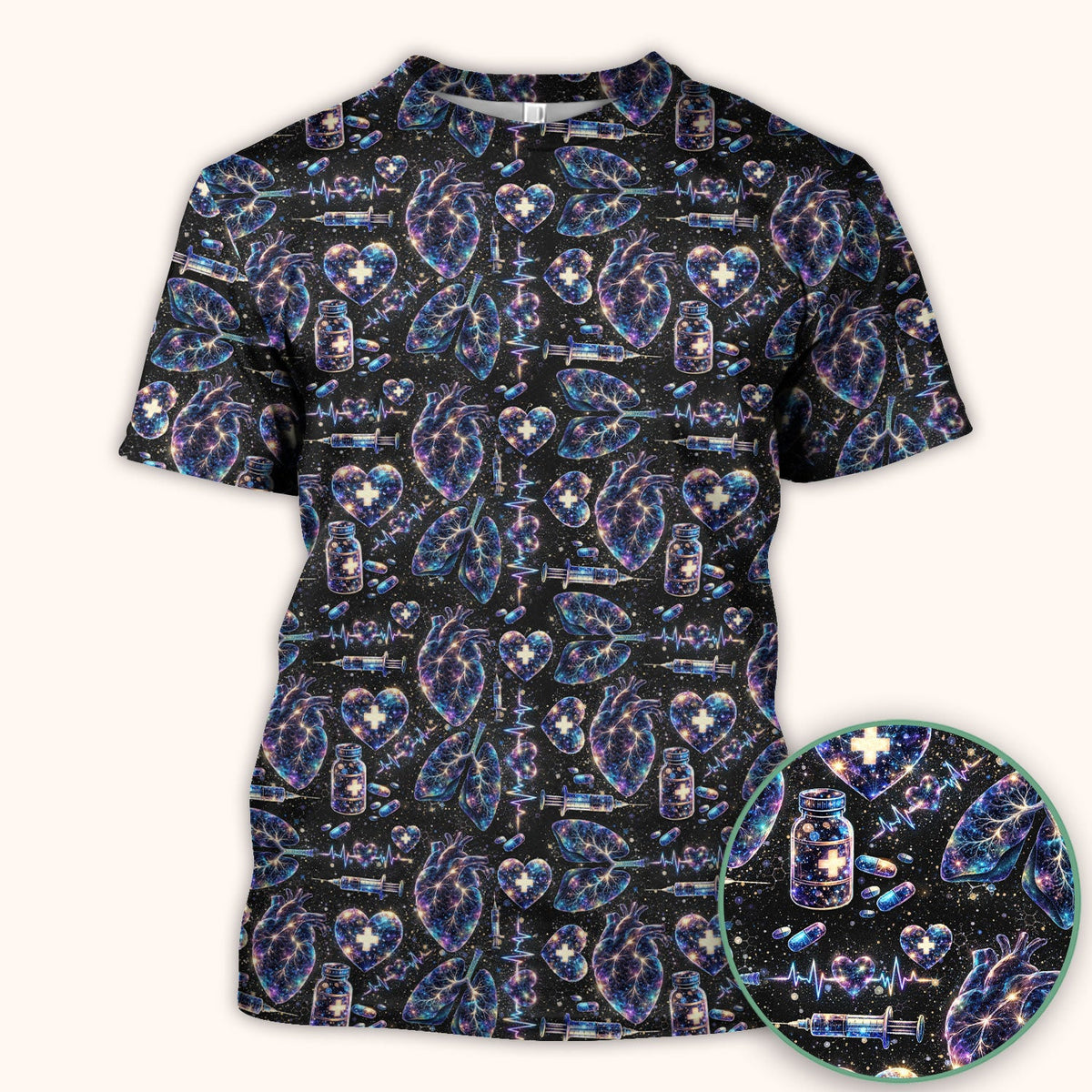Galaxy Anatomical Heart Lung Syringe Nurse Scrub Top