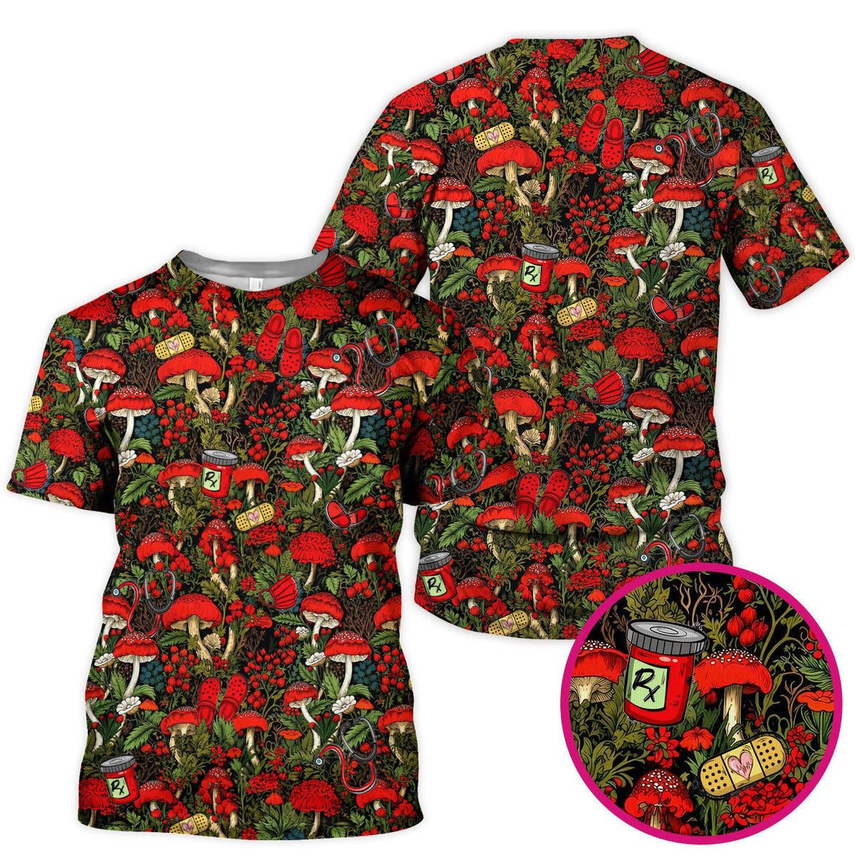 Red Mushroom Forest Nurse Scrub Top