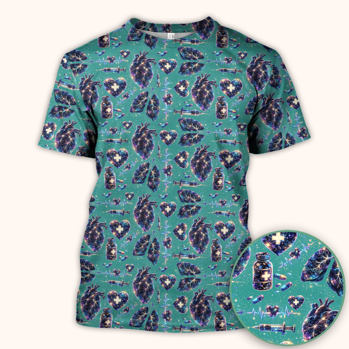 Galaxy Anatomical Heart Lung Syringe Nurse Scrub Top